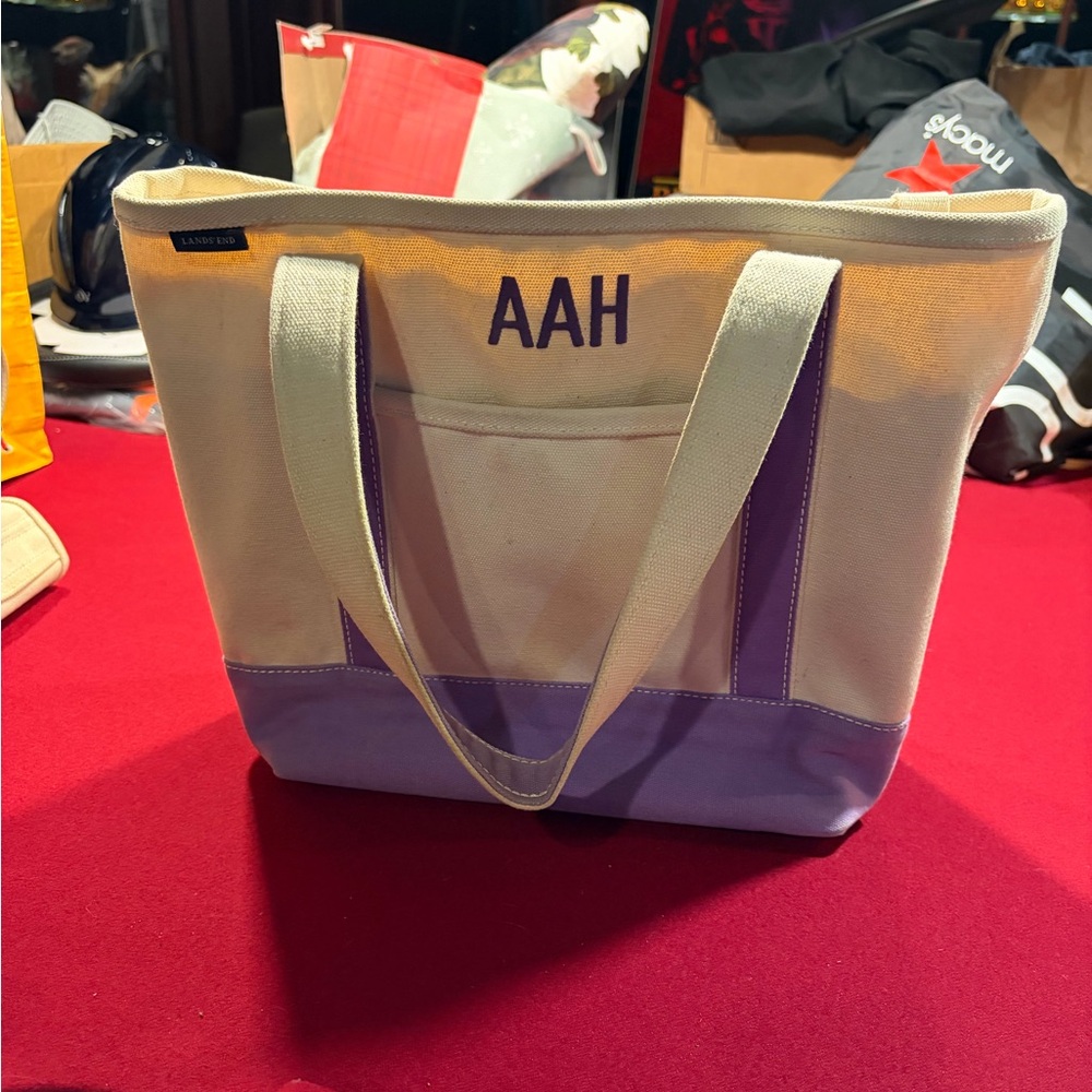 Lands' End Cream and Lavender Canvas Tote